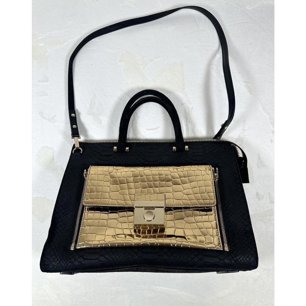 Milly Black Faux Snakeskin Satchel With Gold Croc Embossed Front Pocket